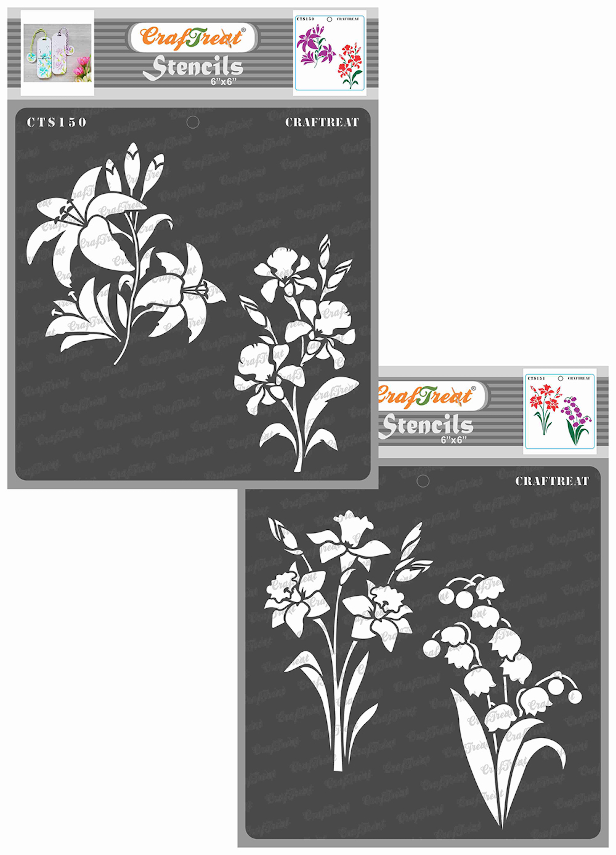CrafTreat Lily Iris Daffodil and Bell Flower Stencils for Painting - 2 Pcs  - 6x6 Each 